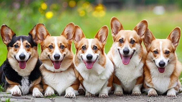 Five Adorable Corgis Sitting Together