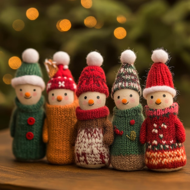 Five adorable knitted snowman ornaments with festive hats and scarves