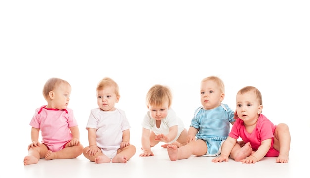 Five babies isolated isolated on white background