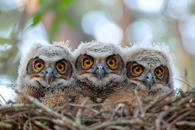 Photo five baby birds are sitting on top of a nest