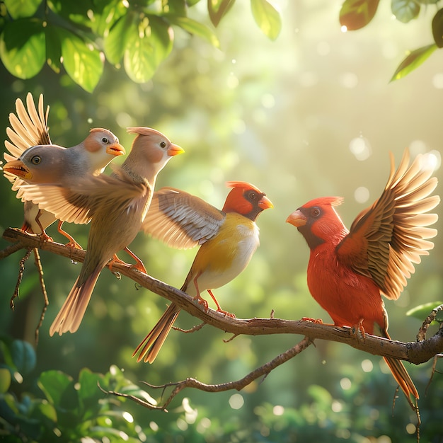 Five birds are jumping on the branch sweeping panorama