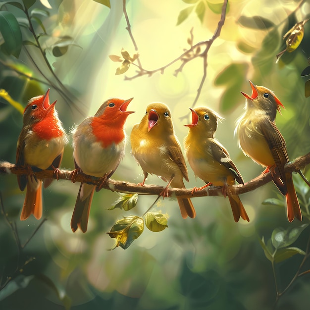 Five birds are singing on the branch Look thinner pixel