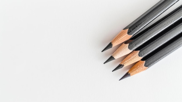 Five black pencils pointing up and left on white background