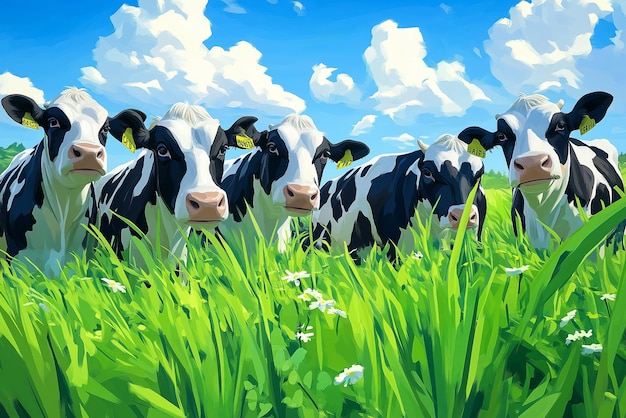 Photo five black and white cows graze in a lush green field