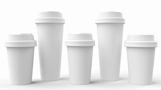 Photo five blank white paper coffee cups of varying sizes