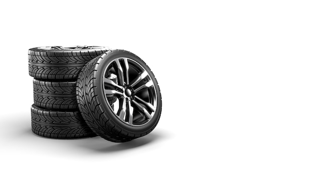 Five car wheels on a white isolated. 3D rendering 