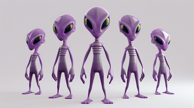 Photo five cartoon aliens standing in a row with a light purple color