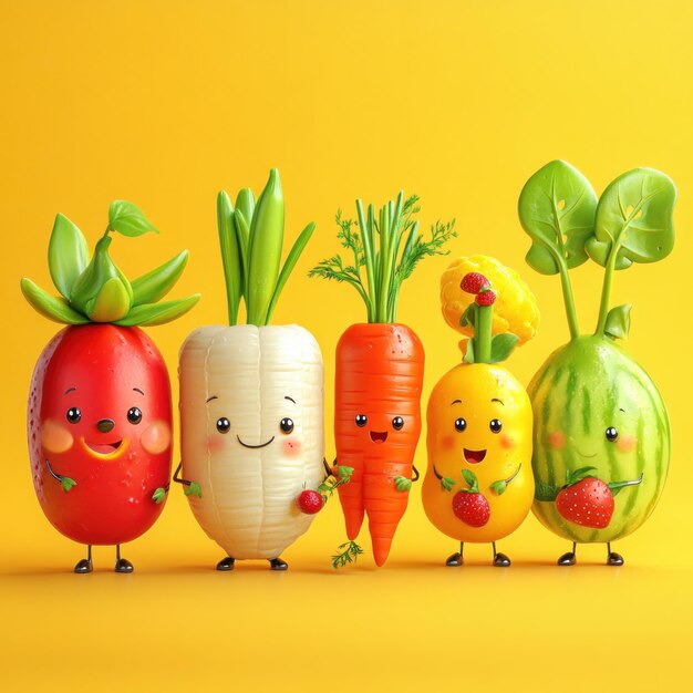 Photo five cartoon vegetables standing together on a yellow background