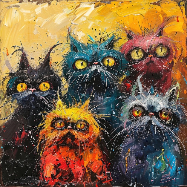 Five Cats in a Colorful Portrait