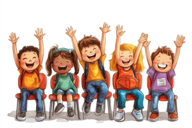 Photo five cheerful children raising hands in a classroom