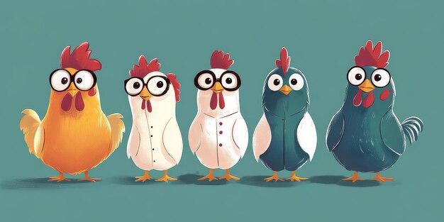 Photo five chickens wearing clothes and glasses standing in a row