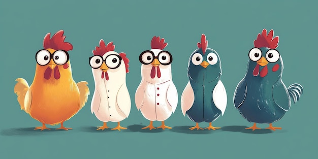 Photo five chickens wearing clothes and glasses standing in a row