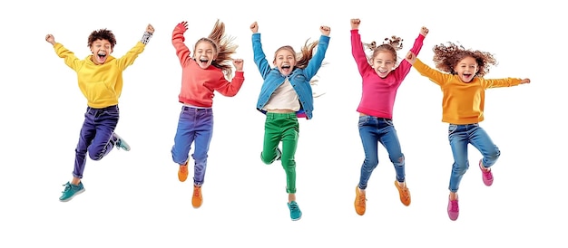 Photo five children jump in the air with their arms raised wearing colorful clothing and sneakers they are smiling and laughing showing excitement