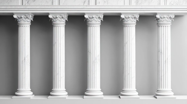 Five classical white columns with ornate capitals against a minimalist background