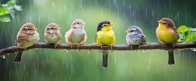 Photo five colorful birds perched on a branch in the rain