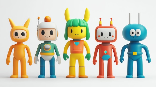 Photo five colorful cartoon characters standing in a row