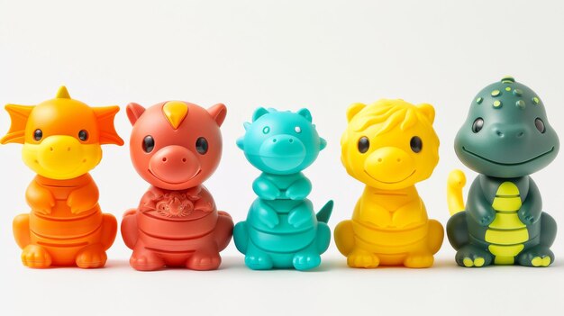 Five colorful dragon toys in a row