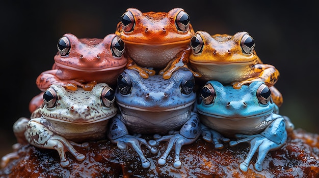 Photo five colorful frogs are stacked on top of each other looking at the camera