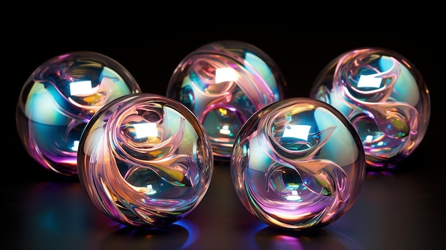 Photo five colorful iridescent glass spheres with abstract swirl designs