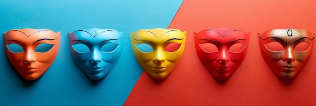 Five colorful masks representing different personalities on a split background of blue and red