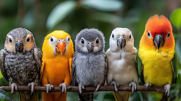 Photo five colorful parrots perched on a branch