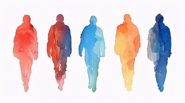 Photo five colorful silhouettes of men walking forward representing diversity and progress