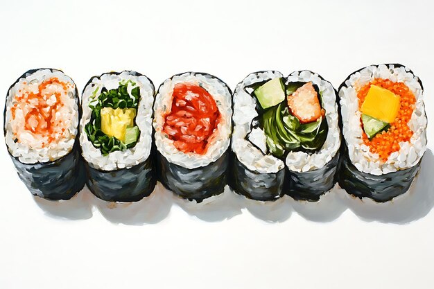 Photo five colorful sushi rolls with different fillings painted in a realistic style