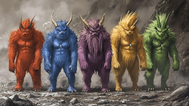 Photo five colorfully furred beasts stand in a row against a misty background