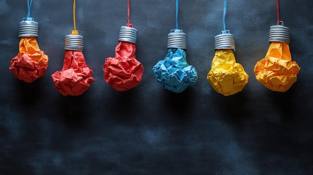 Photo five crumpled paper lightbulbs in red pink blue and yellow hanging on strings against a dark background