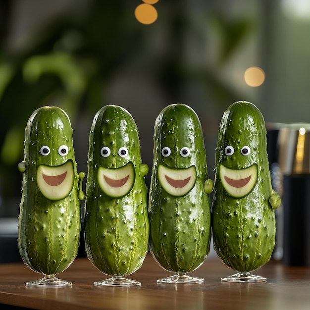 Photo five cucumbers are lined up on a table with a bottle of water