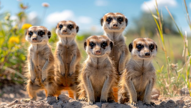 Photo five curious meerkats in the wild