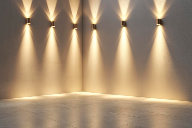 Five Cylindrical Wall Lights Illuminating a Corner with a Tiled Floor