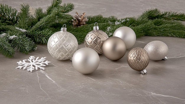 Five delicate glass ornaments in silver and white adorned with lace patterns rest on a marble surface illuminated by soft lighting and complemented by light fabric and greenery