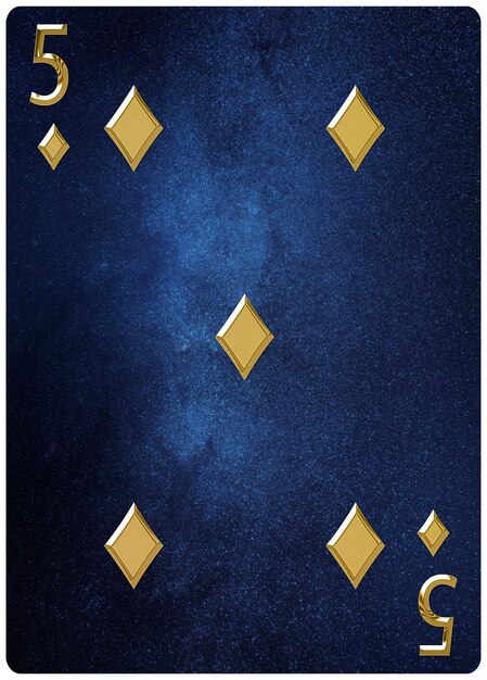 Five of diamonds playing card, space background, gold silver symbols, With clipping path.