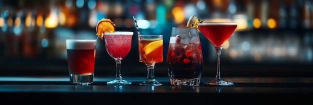 Photo five different cocktails are displayed on a dark counter in a bar setting the cocktails are a