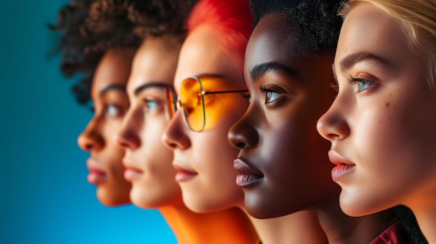 five different girls in profile on blue background