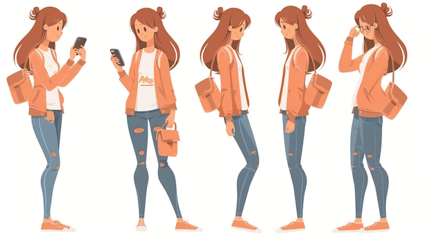 Five different poses of a young woman a student with a backpack in a peach bomber jacket and ripped jeans