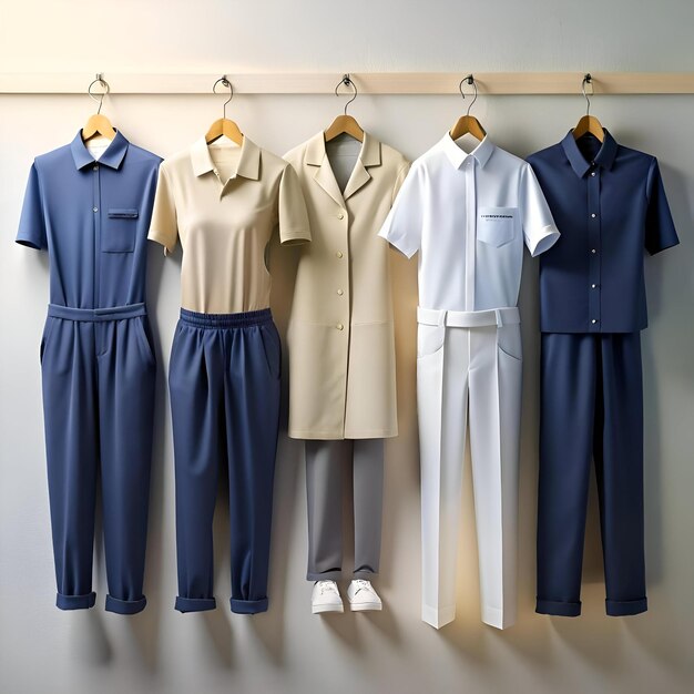 Photo five different uniforms hang neatly on a clothes rack showcasing various styles and colors