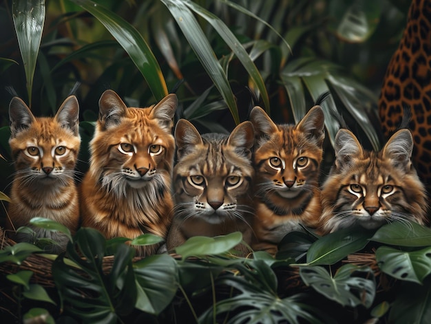 Five Distinct Big Cats Relaxing Together Amidst Lush Green Tropical Foliage in a Natural Habitat