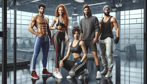 Five diverse adults in a gym including men and women in sportswear confidently posing with gym equ