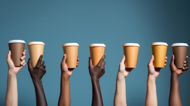 Five diverse hands are holding up identical brown takeaway coffee cups against a blue background