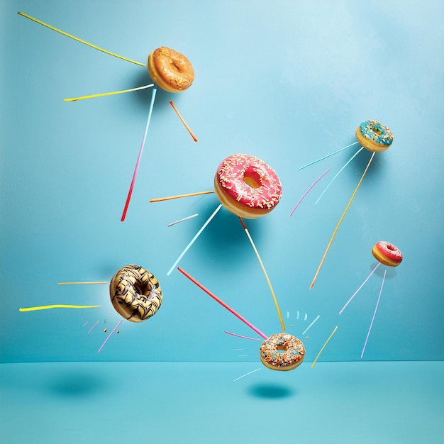 Photo five donuts flying in the air against a blue background concept of love