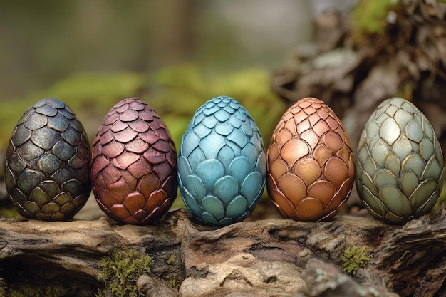 Five Dragon Eggs Resting on a Tree Branch