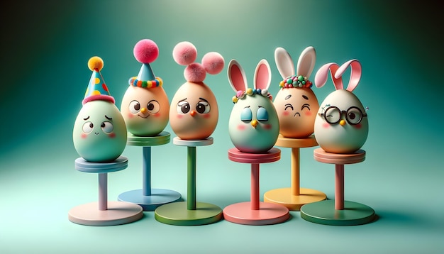 Five Easter eggs with cute faces and party hats resembling characters on colored stands