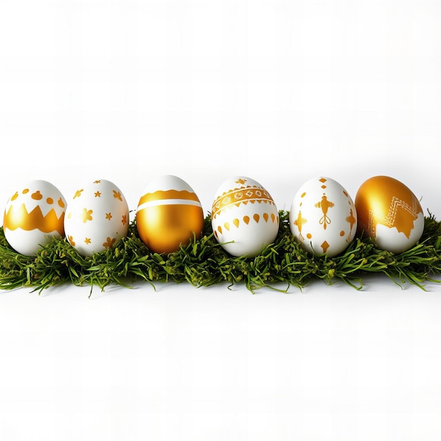 five eggs are lined up on a bed of grass