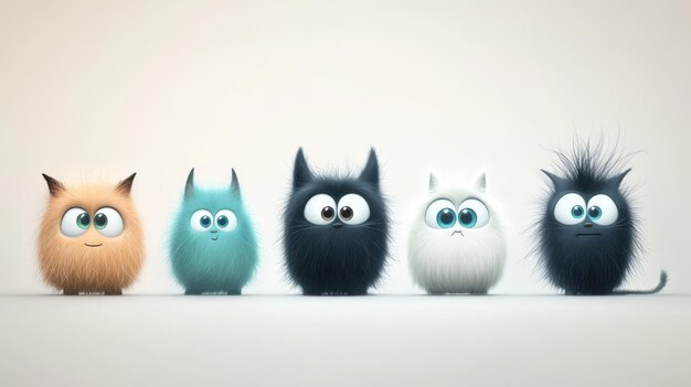 Photo five fluffy cartoon creatures with large eyes