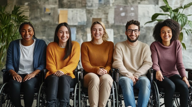 Photo five friends with diverse backgrounds gather in a vibrant space sharing smiles and laughter