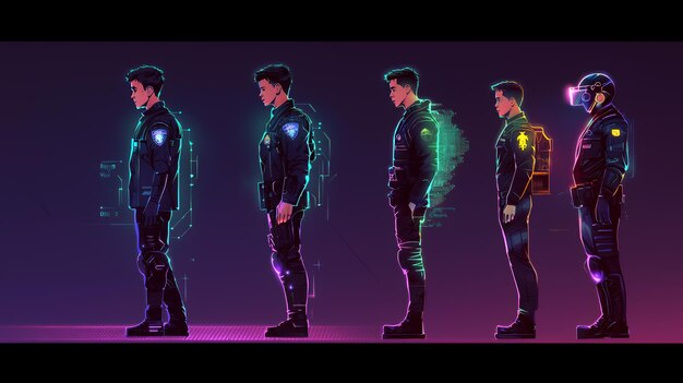 Photo five futuristic cyberpunk style characters standing in a row with glowing outlines