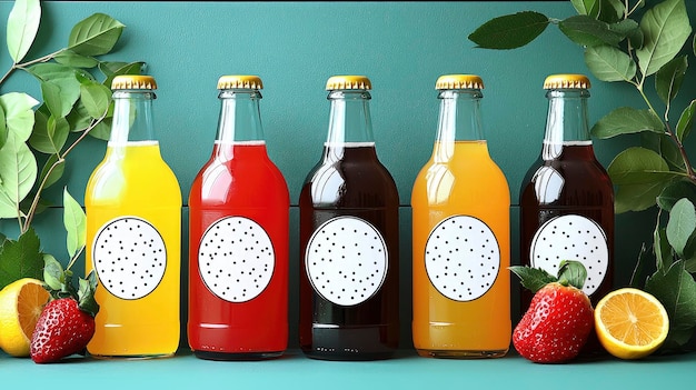 Photo five glass bottles of colorful beverages with dotted labels on a green background