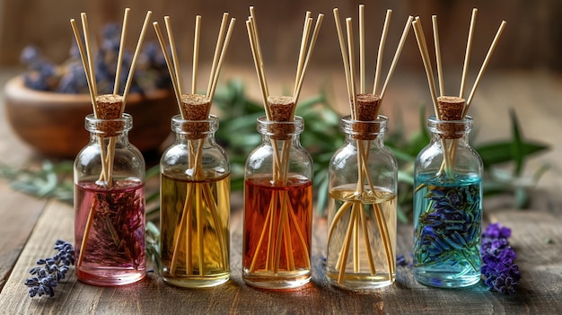 Photo five glass bottles with colorful liquid and reed sticks arranged on a wooden table surrounded by dried flowers and greenery